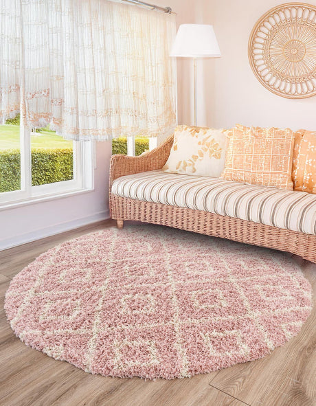 Light Pink 10' x 10' Trellis Shag Round Area Rug Thick Soft Touch Fluffy & Plush Shaggy Pile