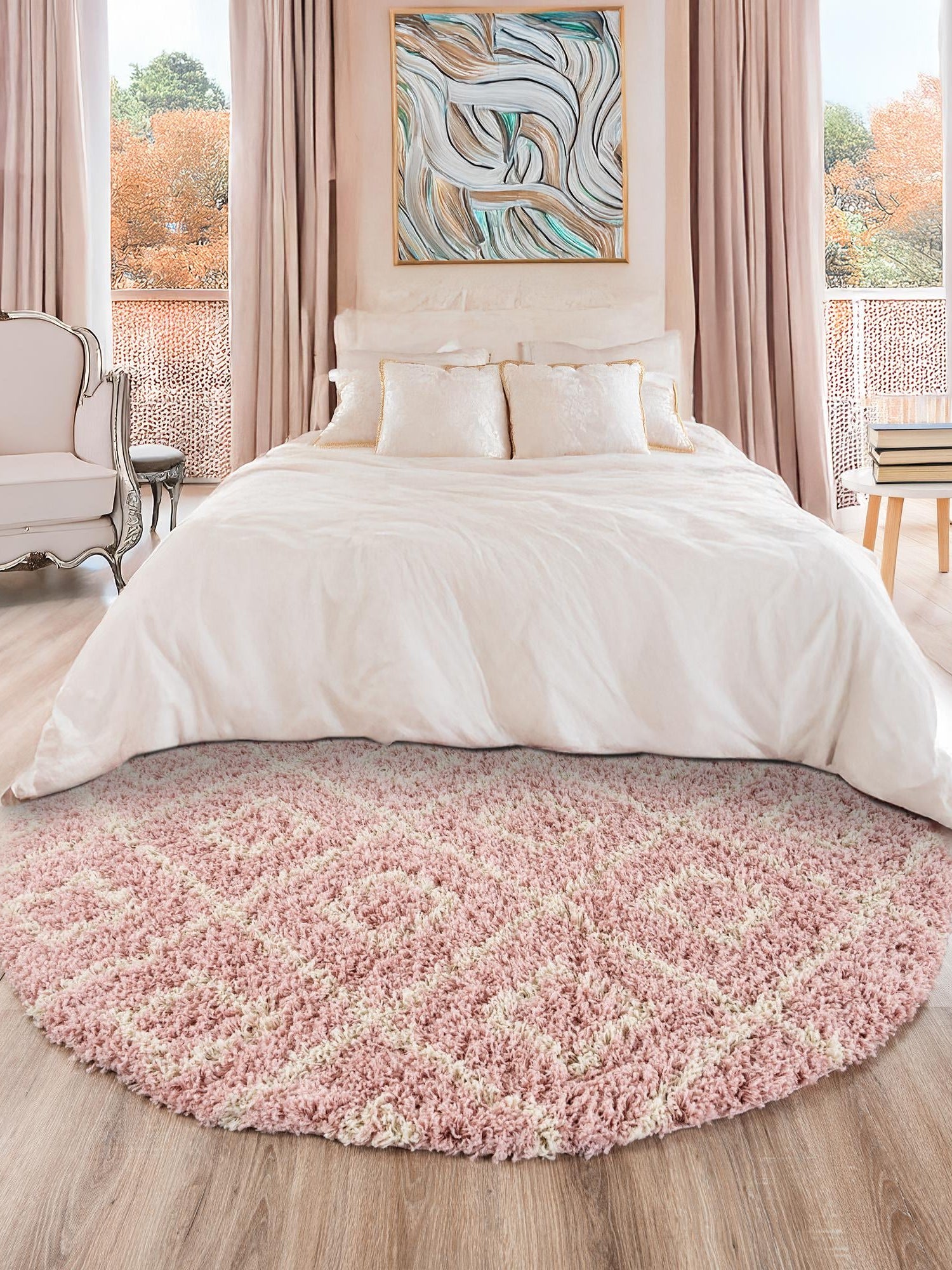 Light Pink 3' 3 x 3' 3 Trellis Shag Round Area Rug Thick Soft Touch Fluffy & Plush Shaggy Pile Geometric Modern Unique Carpet for Home Interior Design for Sale at Rug Engine