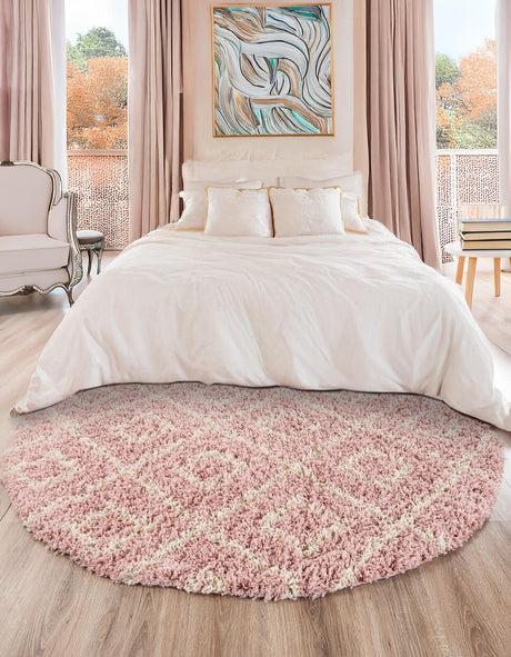 Light Pink 10' x 10' Trellis Shag Round Area Rug Thick Soft Touch Fluffy & Plush Shaggy Pile