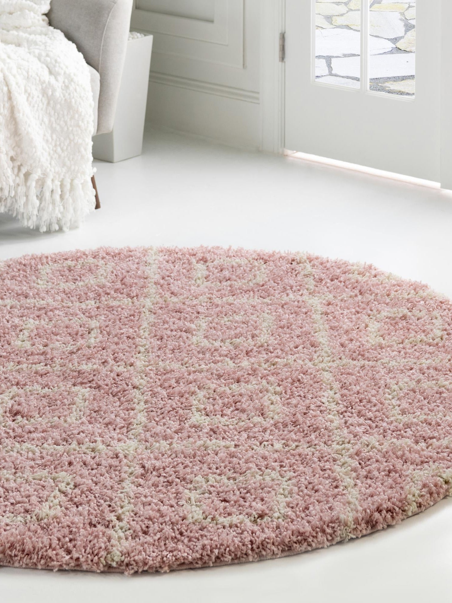 Light Pink 6' x 6' Trellis Shag Round Area Rug Thick Soft Touch Fluffy & Plush Shaggy Pile Geometric Modern Unique Carpet for Home Interior Design for Sale at Rug Engine