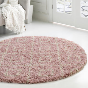 Light Pink 6' x 6' Trellis Shag Round Area Rug Thick Soft Touch Fluffy & Plush Shaggy Pile