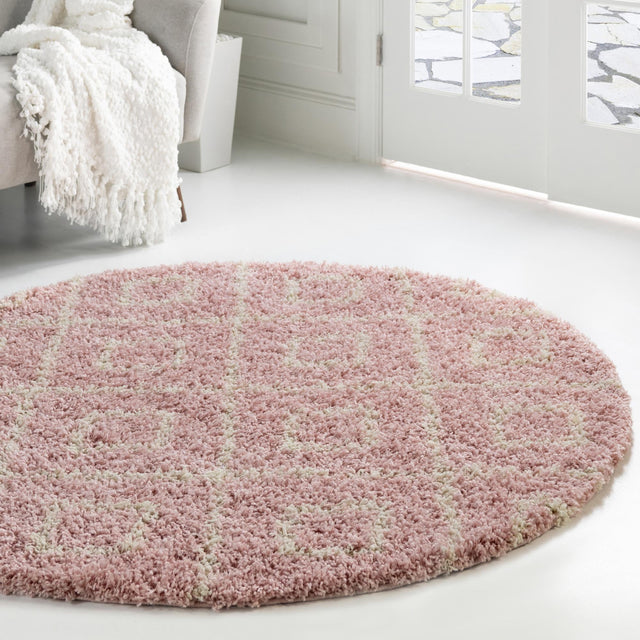 Light Pink 6' x 6' Trellis Shag Round Area Rug Thick Soft Touch Fluffy & Plush Shaggy Pile
