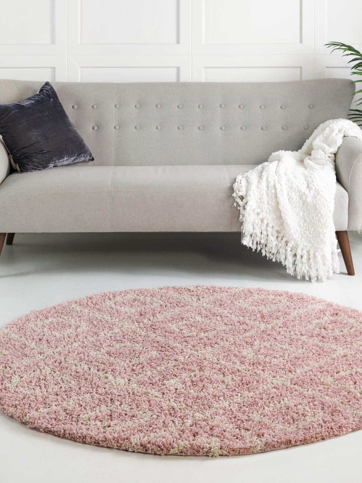 Light Pink 3' 3 x 3' 3 Trellis Shag Round Area Rug Thick Soft Touch Fluffy & Plush Shaggy Pile Geometric Modern Unique Carpet for Home Interior Design for Sale at Rug Engine