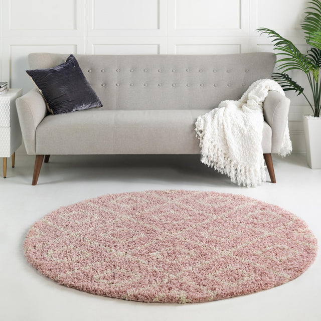 Light Pink 6' x 6' Trellis Shag Round Area Rug Thick Soft Touch Fluffy & Plush Shaggy Pile