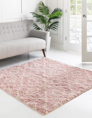 Light Pink 4' x 4' Trellis Shag Square Area Rug Thick Soft Touch Fluffy & Plush Shaggy Pile