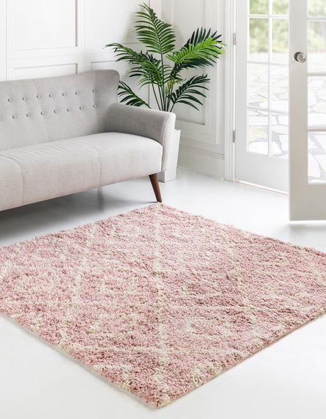 Light Pink 4' x 4' Trellis Shag Square Area Rug Thick Soft Touch Fluffy & Plush Shaggy Pile