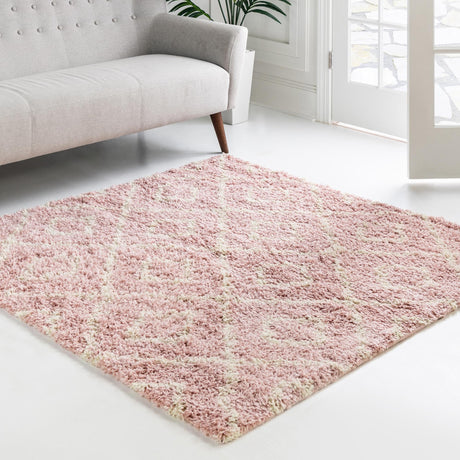 Light Pink 10' x 10' Trellis Shag Square Area Rug Thick Soft Touch Fluffy & Plush Shaggy Pile Geometric Modern Unique Carpet for Home Interior Design for Sale at Rug Engine