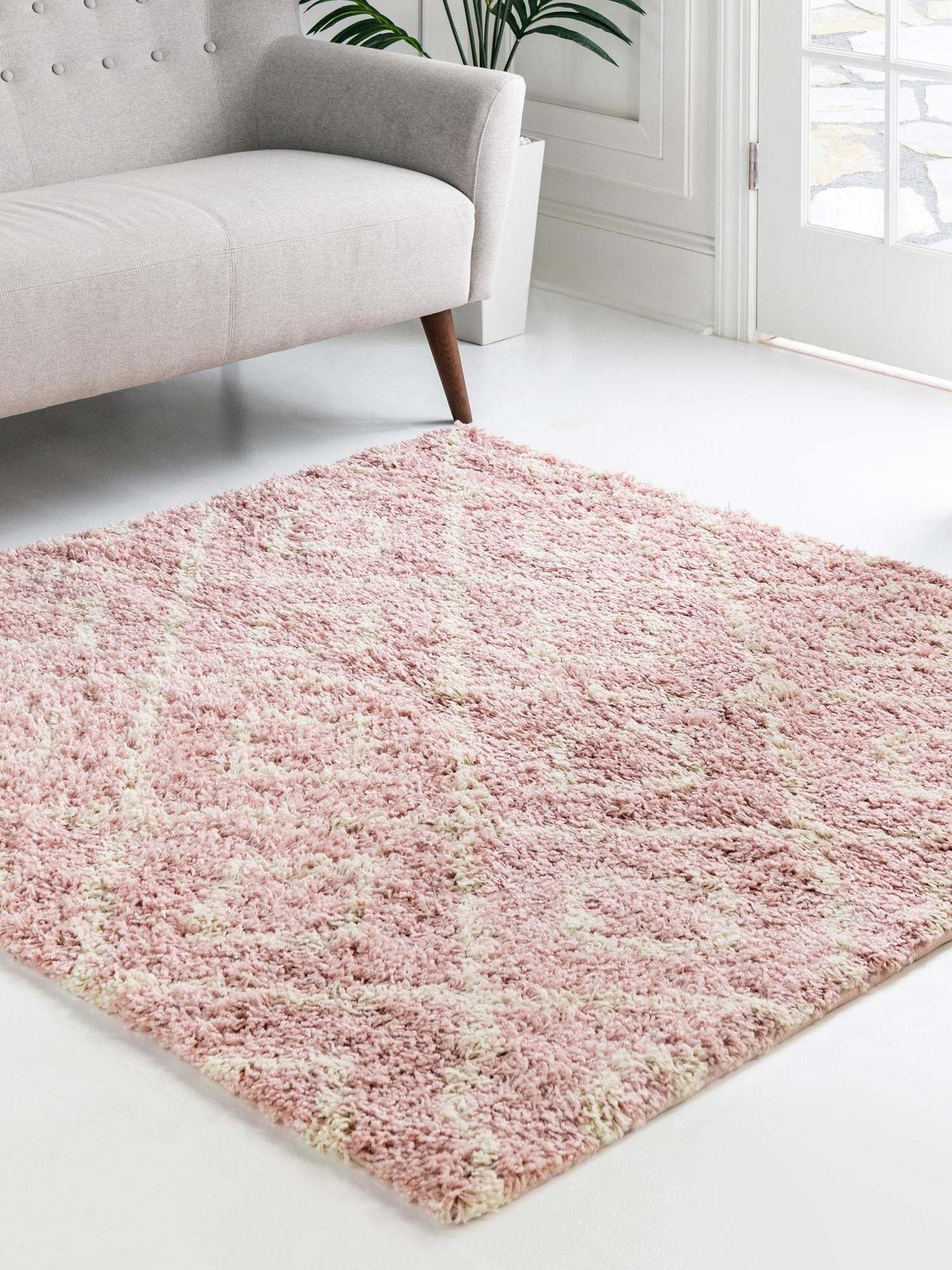 Light Pink 6' x 6' Trellis Shag Square Area Rug Thick Soft Touch Fluffy & Plush Shaggy Pile Geometric Modern Unique Carpet for Home Interior Design for Sale at Rug Engine
