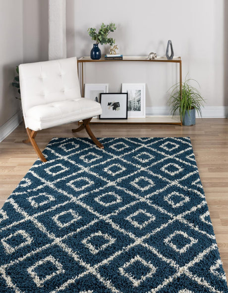 Navy Blue 10' x 13' Trellis Shag Rectangle Area Rug Thick Soft Touch Fluffy & Plush Shaggy Pile