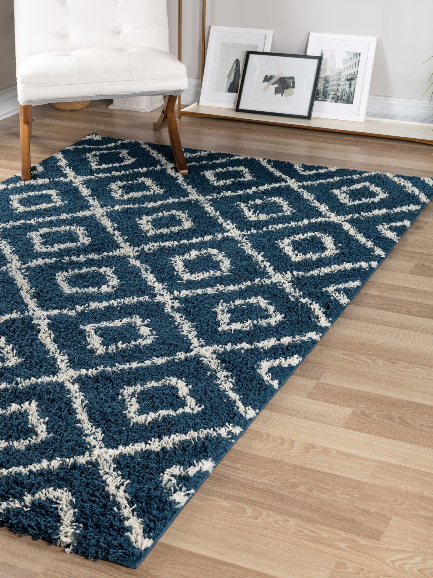 Navy Blue 9' x 12' Trellis Shag Rectangle Area Rug Thick Soft Touch Fluffy & Plush Shaggy Pile Geometric Modern Unique Carpet for Home Interior Design for Sale at Rug Engine