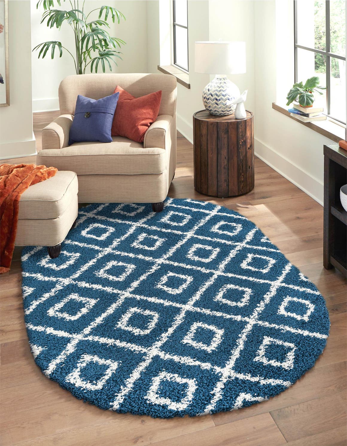 Navy Blue 7' 10 x 10' Trellis Shag Oval Area Rug Thick Soft Touch Fluffy & Plush Shaggy Pile Geometric Modern Unique Carpet for Home Interior Design for Sale at Rug Engine