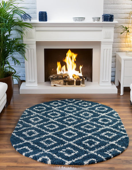 Navy Blue 5' 3 x 8' Trellis Shag Oval Area Rug Thick Soft Touch Fluffy & Plush Shaggy Pile