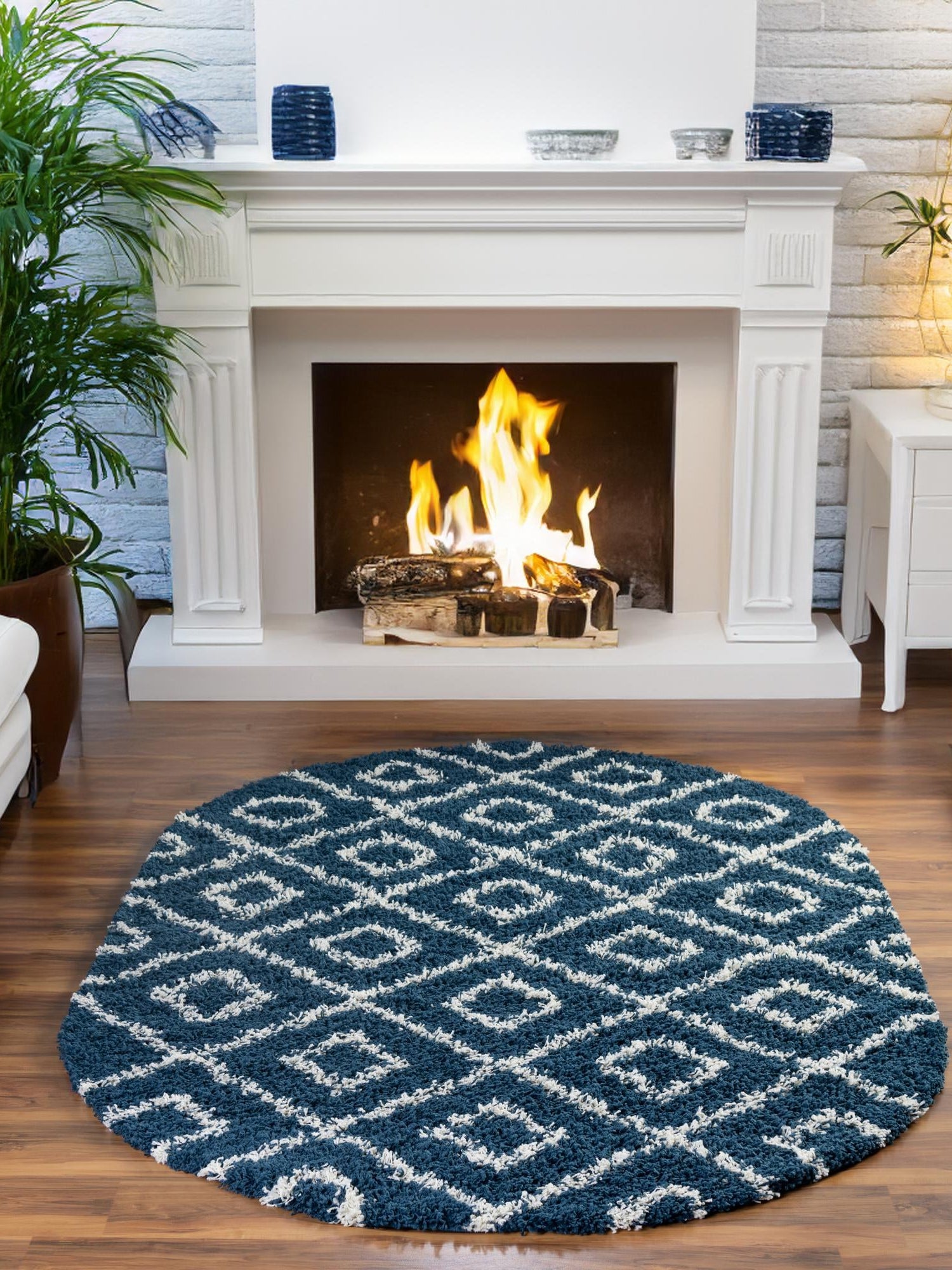 Navy Blue 4' x 6' Trellis Shag Oval Area Rug Thick Soft Touch Fluffy & Plush Shaggy Pile Geometric Modern Unique Carpet for Home Interior Design for Sale at Rug Engine