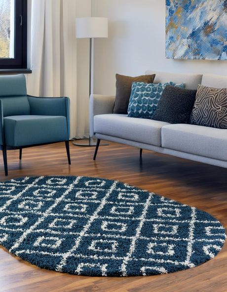 Navy Blue 5' 3 x 8' Trellis Shag Oval Area Rug Thick Soft Touch Fluffy & Plush Shaggy Pile Geometric Modern Unique Carpet for Home Interior Design for Sale at Rug Engine