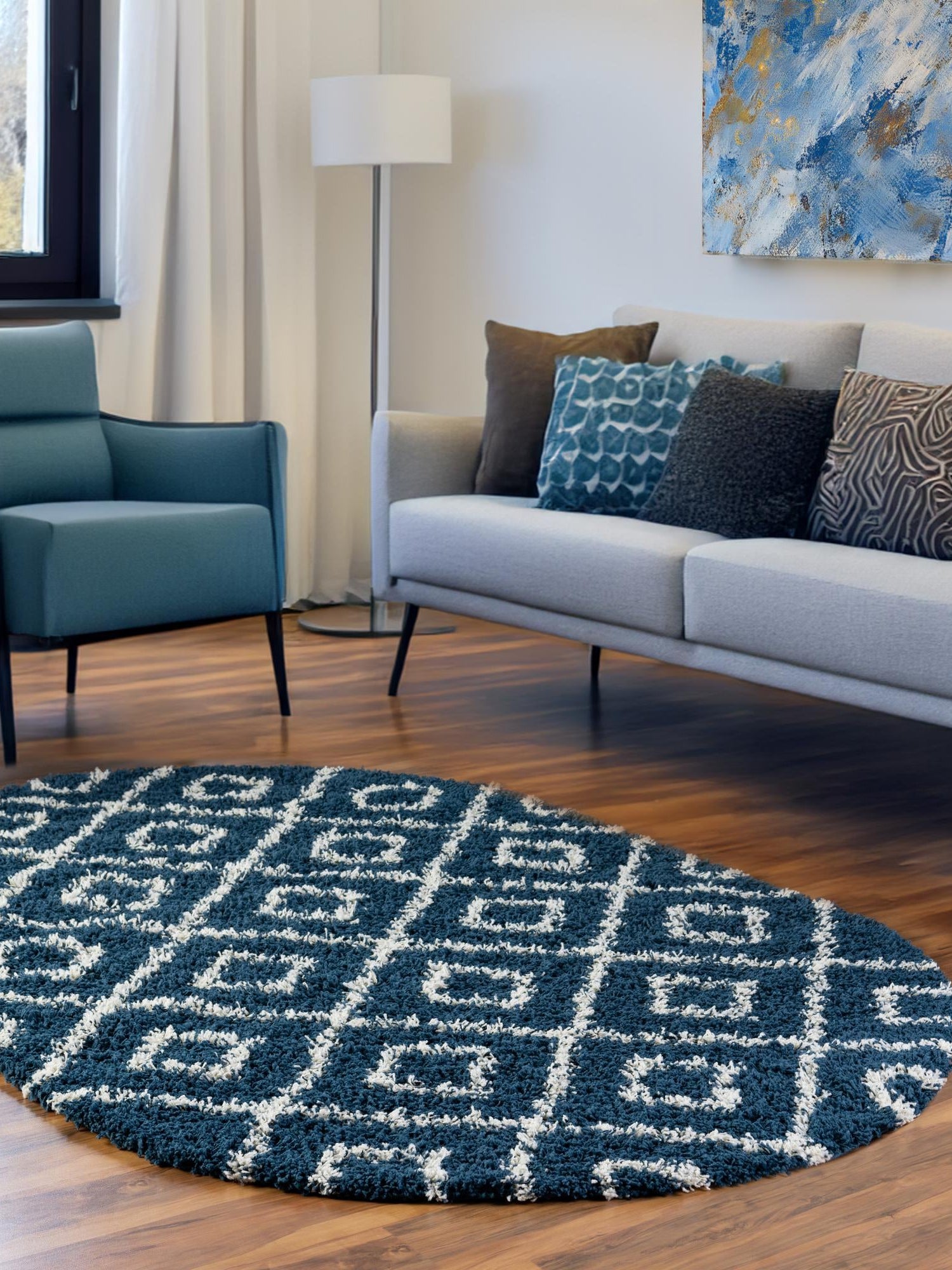 Navy Blue 7' 10 x 10' Trellis Shag Oval Area Rug Thick Soft Touch Fluffy & Plush Shaggy Pile Geometric Modern Unique Carpet for Home Interior Design for Sale at Rug Engine