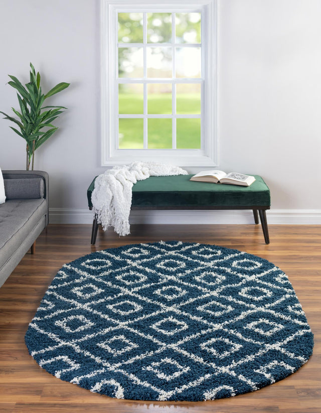 Navy Blue 5' 3 x 8' Trellis Shag Oval Area Rug Thick Soft Touch Fluffy & Plush Shaggy Pile