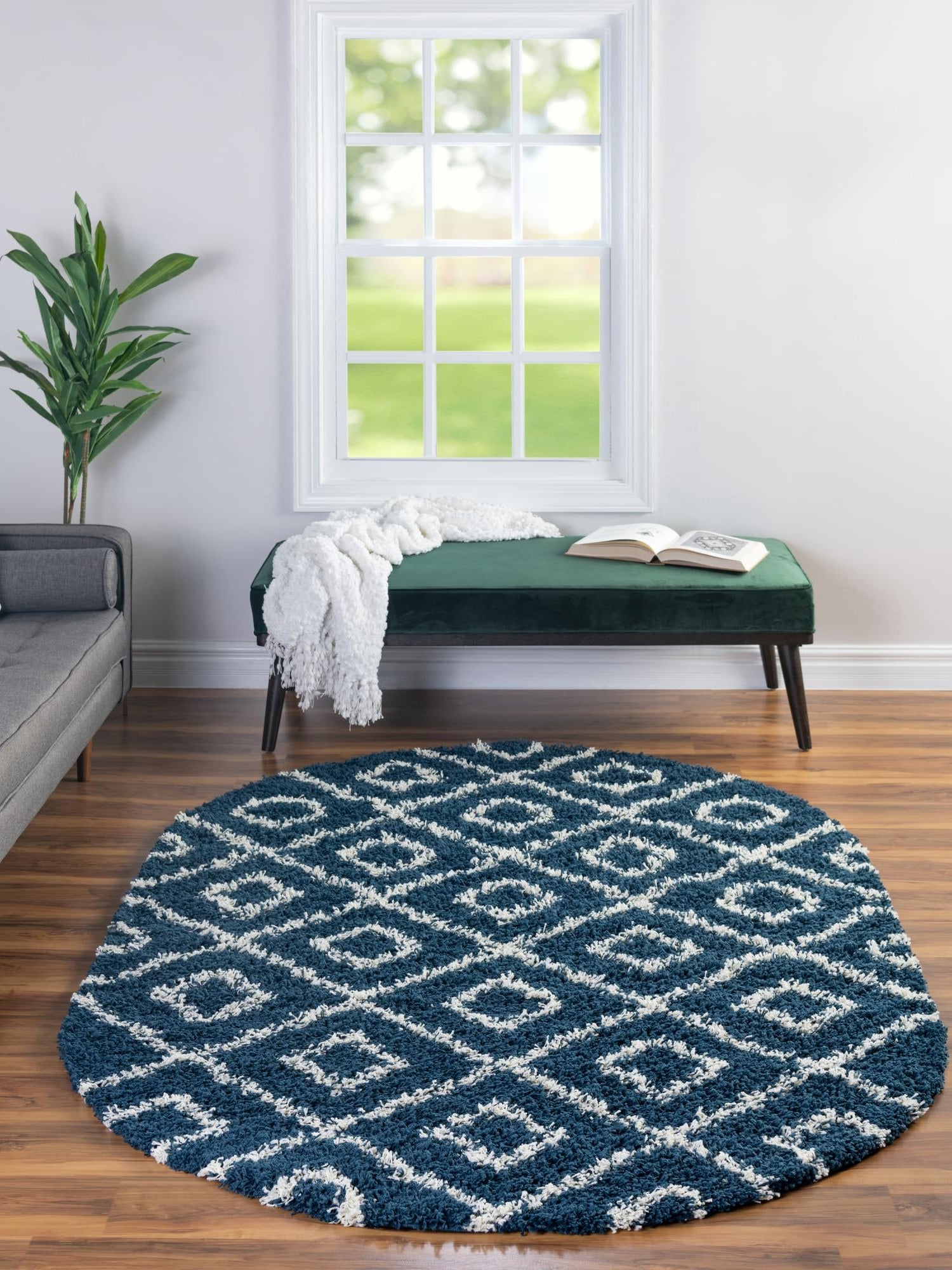 Navy Blue 4' x 6' Trellis Shag Oval Area Rug Thick Soft Touch Fluffy & Plush Shaggy Pile Geometric Modern Unique Carpet for Home Interior Design for Sale at Rug Engine