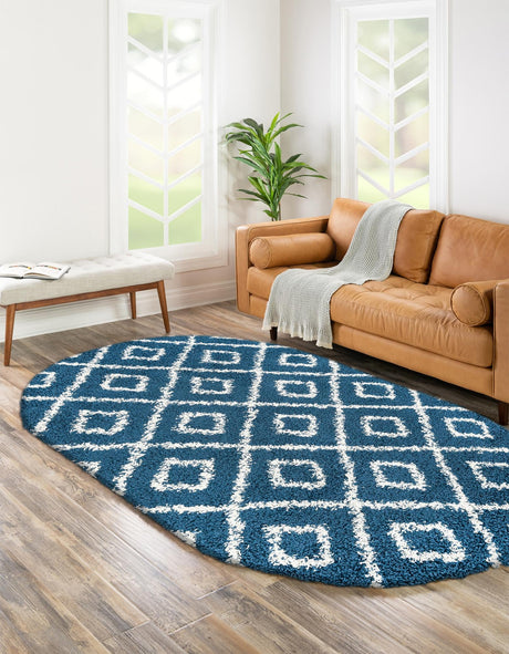 Navy Blue 5' 3 x 8' Trellis Shag Oval Area Rug Thick Soft Touch Fluffy & Plush Shaggy Pile Geometric Modern Unique Carpet for Home Interior Design for Sale at Rug Engine
