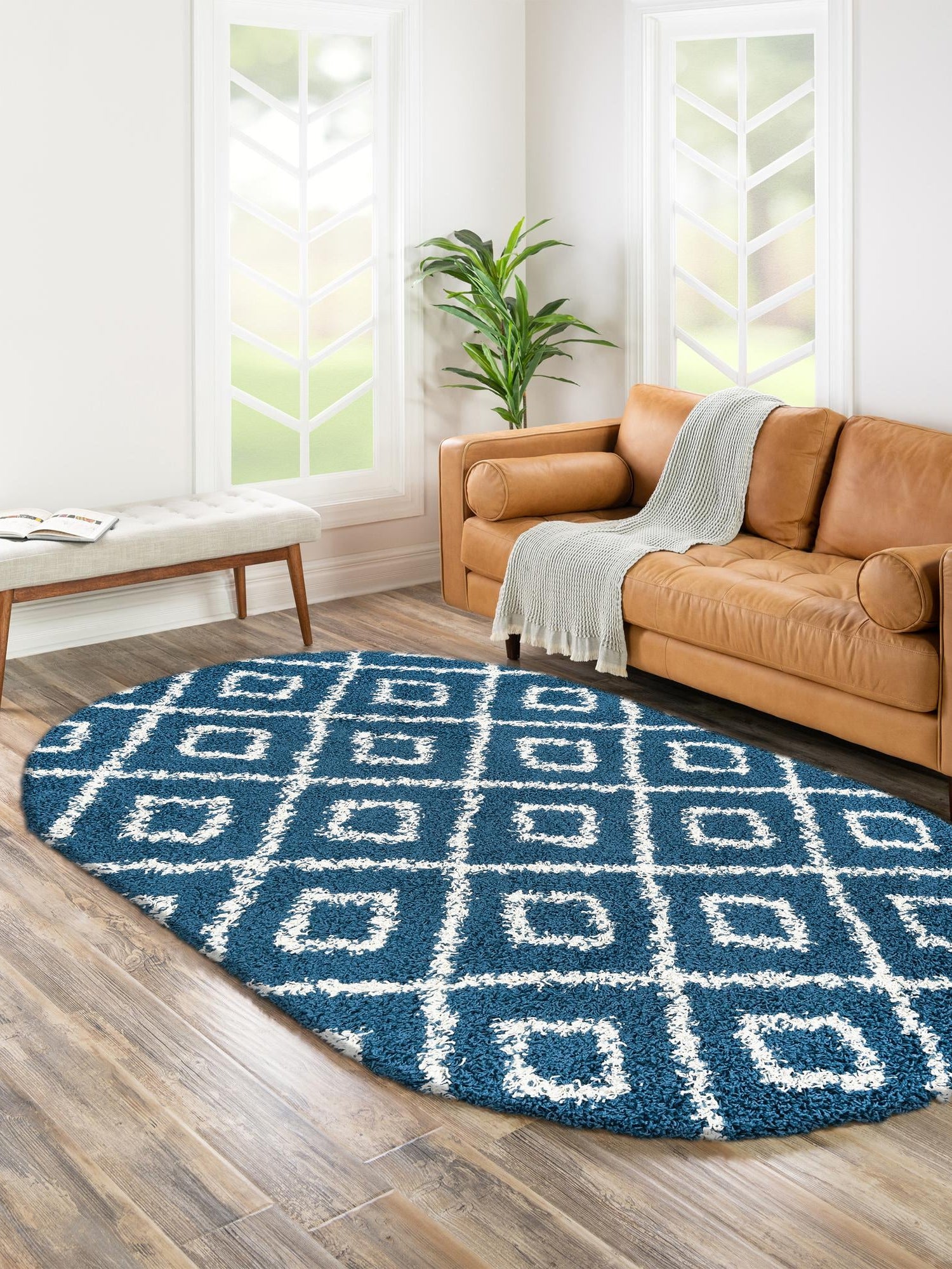 Navy Blue 4' x 6' Trellis Shag Oval Area Rug Thick Soft Touch Fluffy & Plush Shaggy Pile Geometric Modern Unique Carpet for Home Interior Design for Sale at Rug Engine