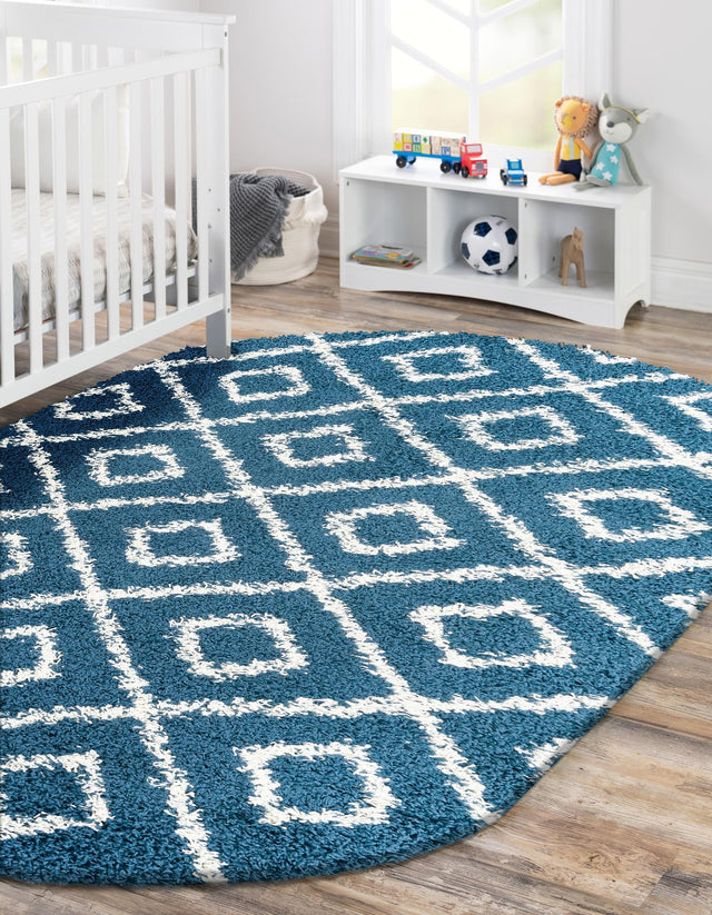 Navy Blue 5' 3 x 8' Trellis Shag Oval Area Rug Thick Soft Touch Fluffy & Plush Shaggy Pile