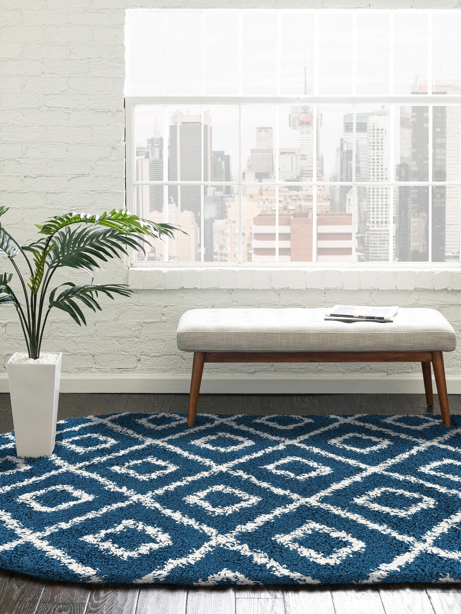 Navy Blue 7' 10 x 10' Trellis Shag Oval Area Rug Thick Soft Touch Fluffy & Plush Shaggy Pile Geometric Modern Unique Carpet for Home Interior Design for Sale at Rug Engine