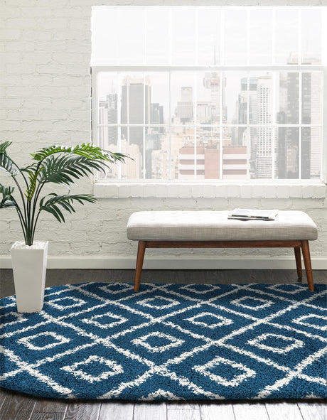 Navy Blue 7' 10 x 10' Trellis Shag Oval Area Rug Thick Soft Touch Fluffy & Plush Shaggy Pile Geometric Modern Unique Carpet for Home Interior Design for Sale at Rug Engine