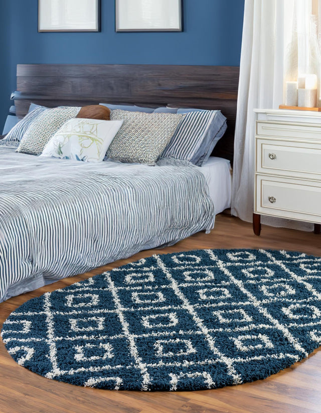 Navy Blue 5' 3 x 8' Trellis Shag Oval Area Rug Thick Soft Touch Fluffy & Plush Shaggy Pile
