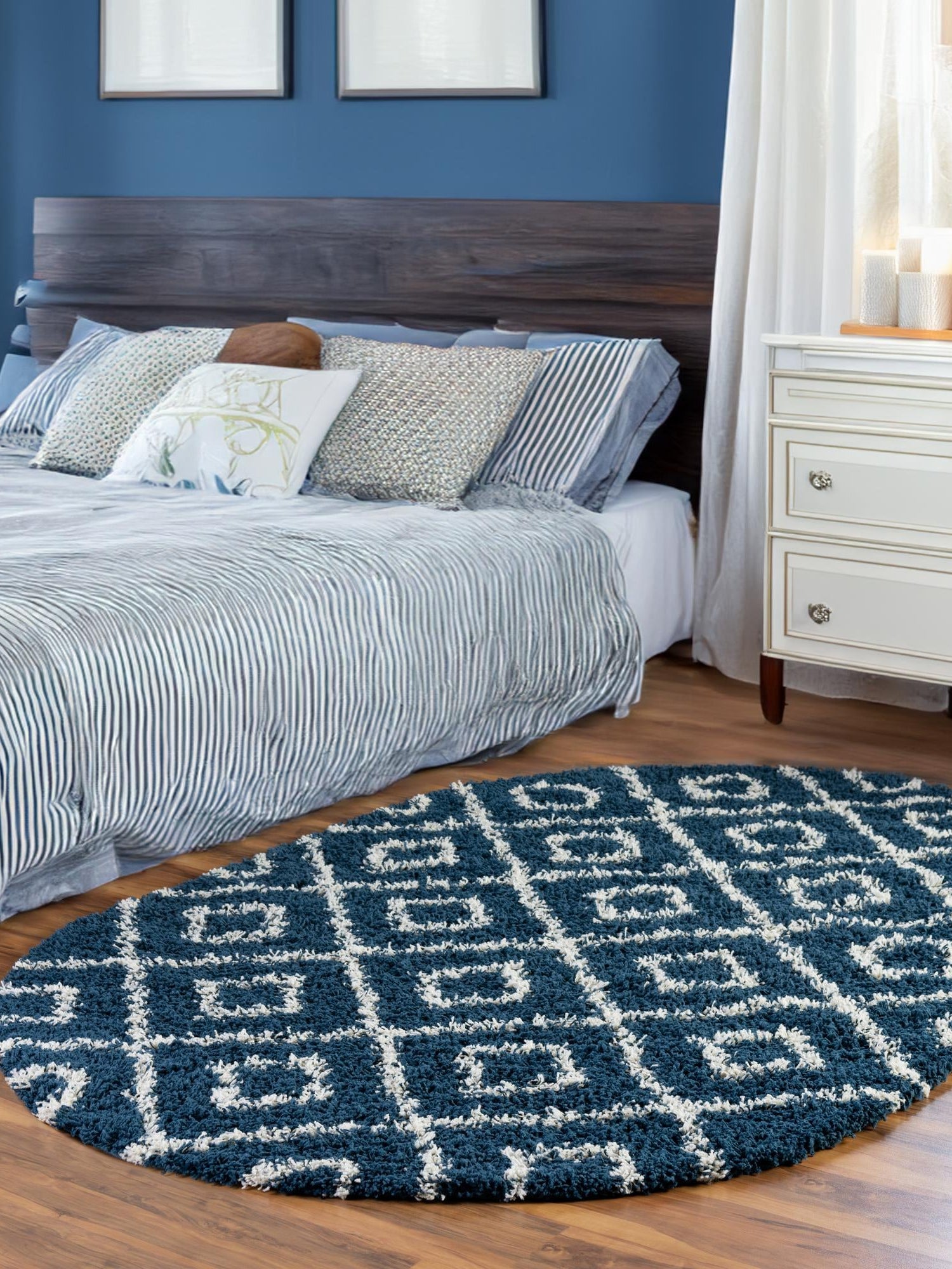 Navy Blue 7' 10 x 10' Trellis Shag Oval Area Rug Thick Soft Touch Fluffy & Plush Shaggy Pile Geometric Modern Unique Carpet for Home Interior Design for Sale at Rug Engine