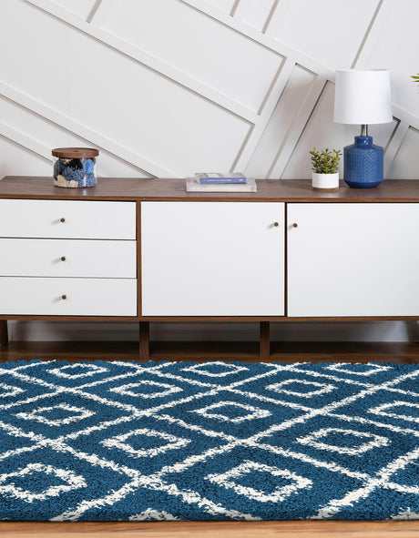 Navy Blue 7' 10 x 10' Trellis Shag Oval Area Rug Thick Soft Touch Fluffy & Plush Shaggy Pile Geometric Modern Unique Carpet for Home Interior Design for Sale at Rug Engine