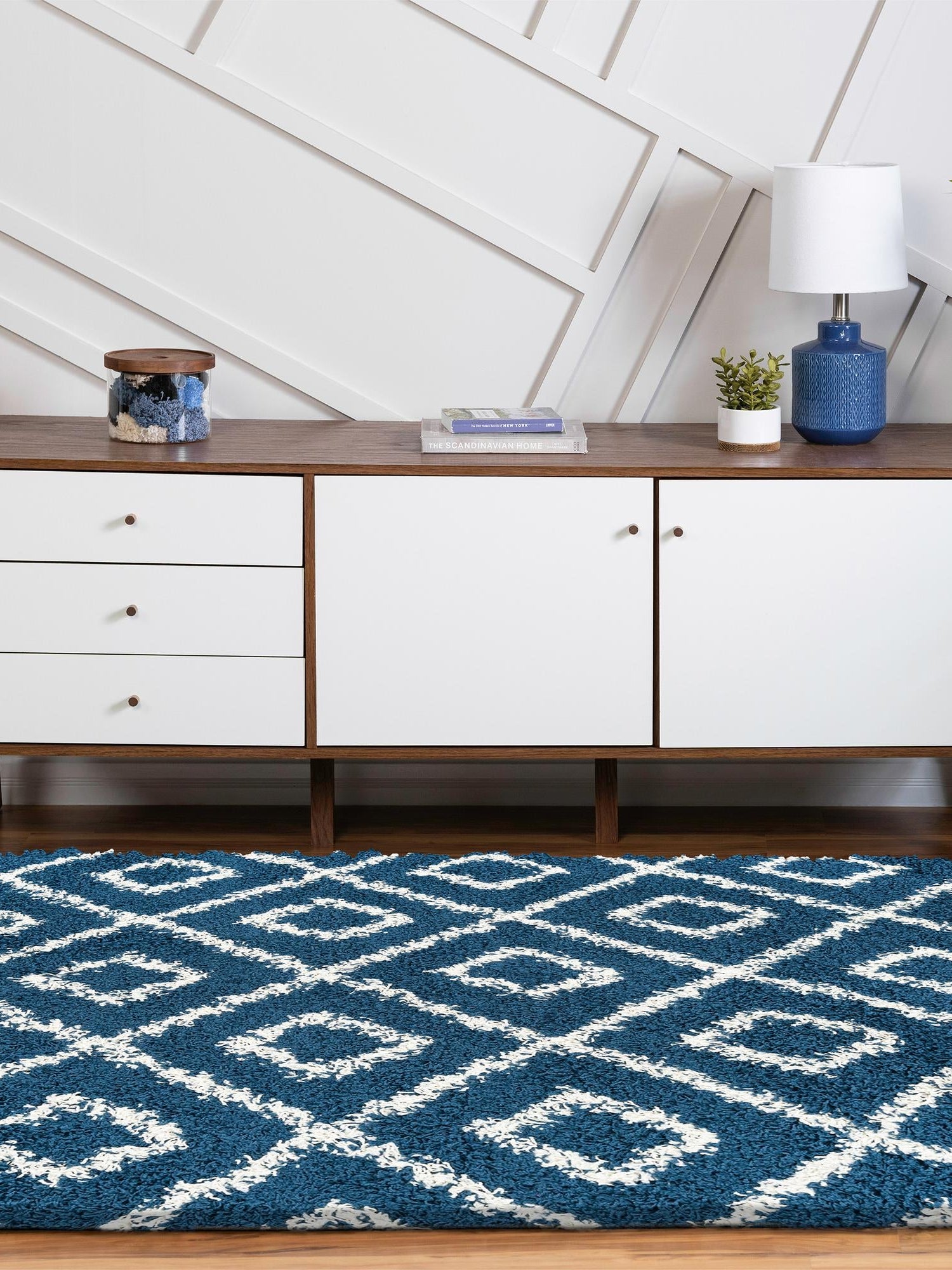 Navy Blue 4' x 6' Trellis Shag Oval Area Rug Thick Soft Touch Fluffy & Plush Shaggy Pile Geometric Modern Unique Carpet for Home Interior Design for Sale at Rug Engine