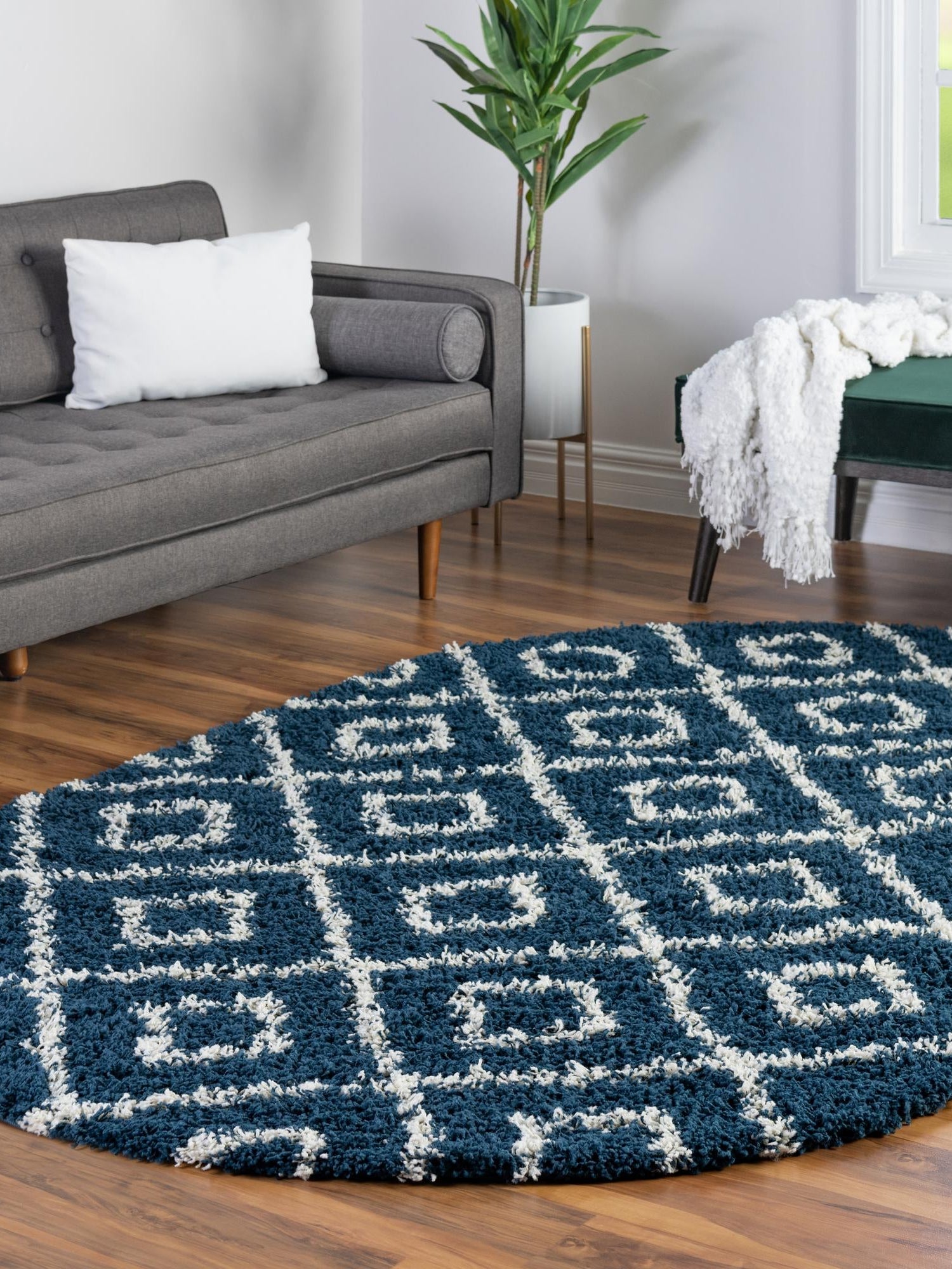 Navy Blue 4' x 6' Trellis Shag Oval Area Rug Thick Soft Touch Fluffy & Plush Shaggy Pile Geometric Modern Unique Carpet for Home Interior Design for Sale at Rug Engine