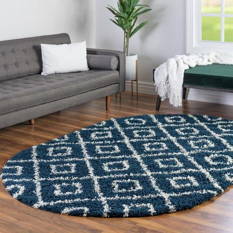 Navy Blue 4' x 6' Trellis Shag Oval Area Rug Thick Soft Touch Fluffy & Plush Shaggy Pile Geometric Modern Unique Carpet for Home Interior Design for Sale at Rug Engine