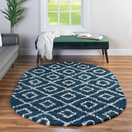 Navy Blue 5' 3 x 8' Trellis Shag Oval Area Rug Thick Soft Touch Fluffy & Plush Shaggy Pile Geometric Modern Unique Carpet for Home Interior Design for Sale at Rug Engine