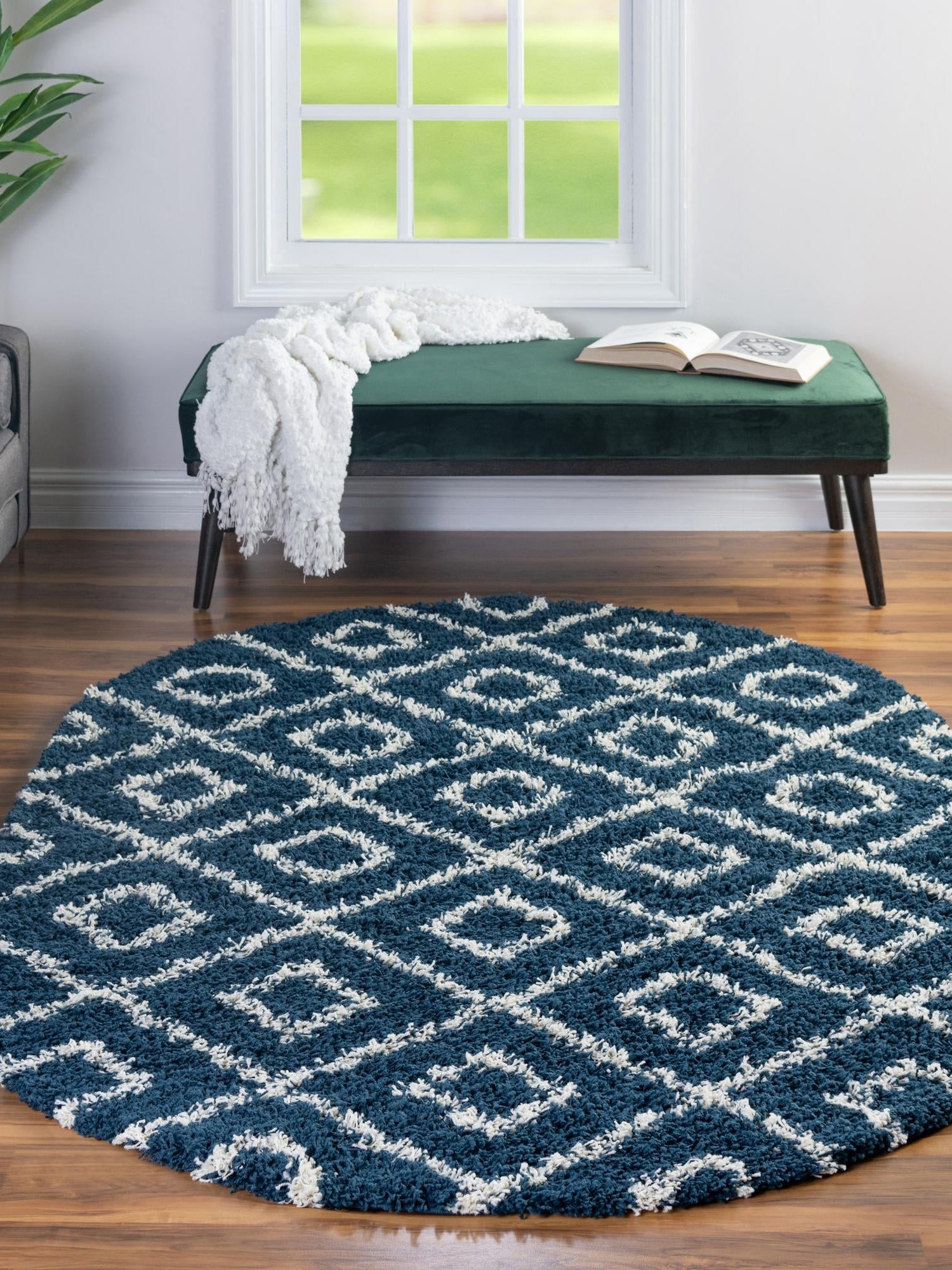 Navy Blue 4' x 6' Trellis Shag Oval Area Rug Thick Soft Touch Fluffy & Plush Shaggy Pile Geometric Modern Unique Carpet for Home Interior Design for Sale at Rug Engine