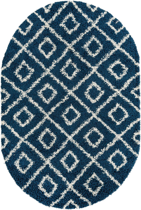 Navy Blue 5' 3 x 8' Trellis Shag Oval Area Rug Thick Soft Touch Fluffy & Plush Shaggy Pile Geometric Modern Unique Carpet for Home Interior Design for Sale at Rug Engine