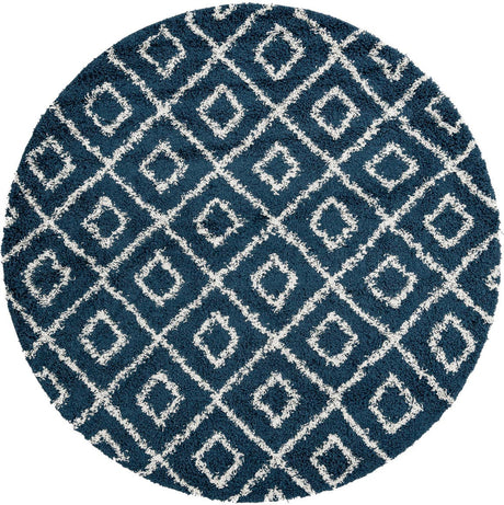 Navy Blue 7' 10 x 7' 10 Trellis Shag Round Area Rug Thick Soft Touch Fluffy & Plush Shaggy Pile