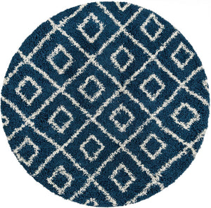 Navy Blue 6' x 6' Trellis Shag Round Area Rug Thick Soft Touch Fluffy & Plush Shaggy Pile