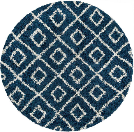 Navy Blue 6' x 6' Trellis Shag Round Area Rug Thick Soft Touch Fluffy & Plush Shaggy Pile