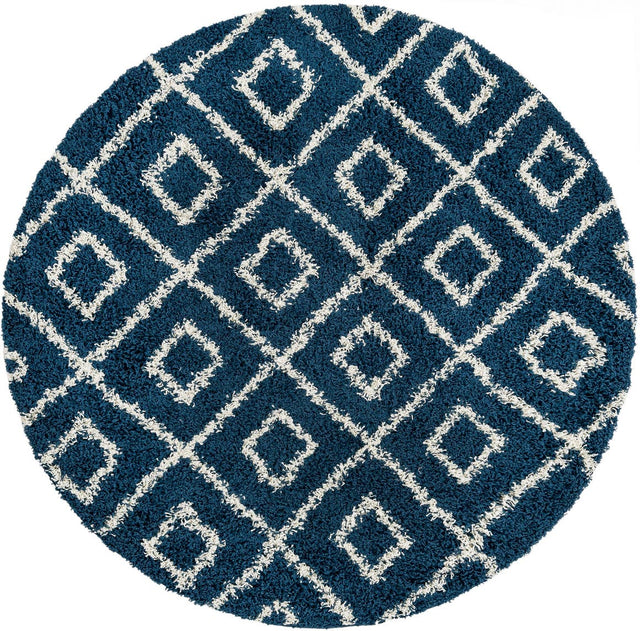 Navy Blue 6' x 6' Trellis Shag Round Area Rug Thick Soft Touch Fluffy & Plush Shaggy Pile