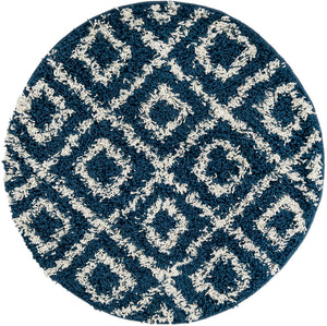 Navy Blue 3' 3 x 3' 3 Trellis Shag Round Area Rug Thick Soft Touch Fluffy & Plush Shaggy Pile