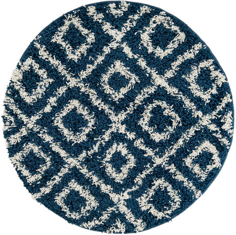Navy Blue 3' 3 x 3' 3 Trellis Shag Round Area Rug Thick Soft Touch Fluffy & Plush Shaggy Pile
