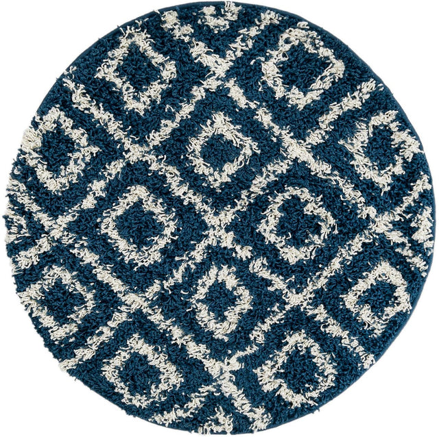Navy Blue 3' 3 x 3' 3 Trellis Shag Round Area Rug Thick Soft Touch Fluffy & Plush Shaggy Pile