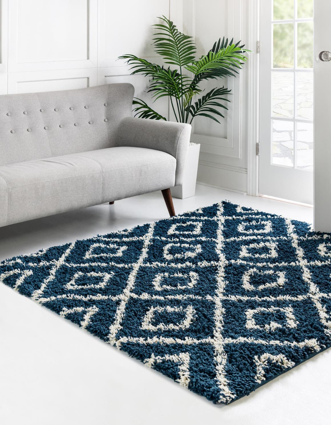 Navy Blue 4' x 4' Trellis Shag Square Area Rug Thick Soft Touch Fluffy & Plush Shaggy Pile Geometric Modern Unique Carpet for Home Interior Design for Sale at Rug Engine