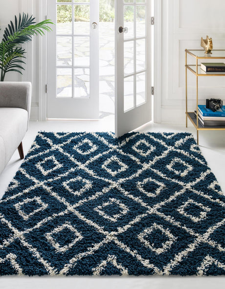 Navy Blue 4' x 4' Trellis Shag Square Area Rug Thick Soft Touch Fluffy & Plush Shaggy Pile