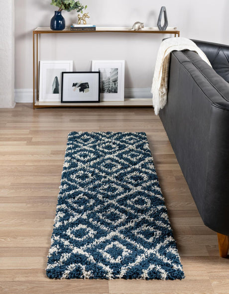 Navy Blue 2' x 7' Trellis Shag Runner Area Rug Thick Soft Touch Fluffy & Plush Shaggy Pile