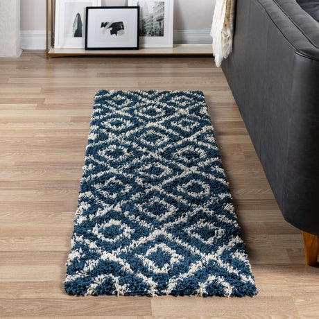 Navy Blue 2' 7 x 12' Trellis Shag Runner Area Rug Thick Soft Touch Fluffy & Plush Shaggy Pile Geometric Modern Unique Carpet for Home Interior Design for Sale at Rug Engine