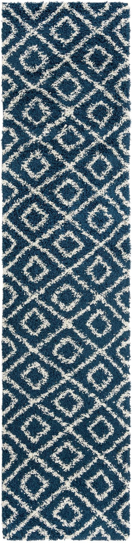 Navy Blue 2' 7 x 12' Trellis Shag Runner Area Rug Thick Soft Touch Fluffy & Plush Shaggy Pile Geometric Modern Unique Carpet for Home Interior Design for Sale at Rug Engine