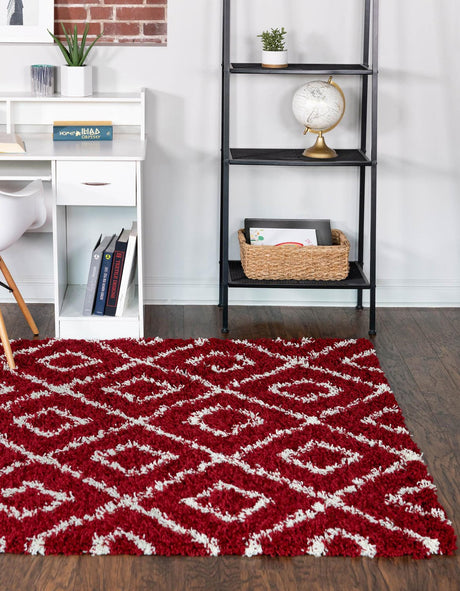 Burgundy Red 10' 8 x 14' Trellis Shag Rectangle Area Rug Thick Soft Touch Fluffy & Plush Shaggy Pile