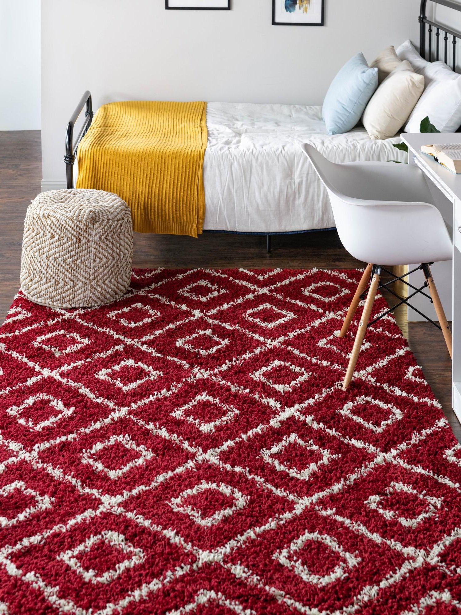 Burgundy Red 4' x 6' Trellis Shag Rectangle Area Rug Thick Soft Touch Fluffy & Plush Shaggy Pile Geometric Modern Unique Carpet for Home Interior Design for Sale at Rug Engine