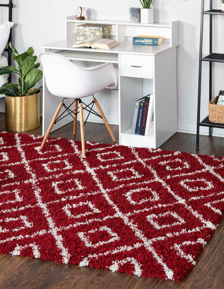 Burgundy Red 2' x 3' Trellis Shag Rectangle Area Rug Thick Soft Touch Fluffy & Plush Shaggy Pile Geometric Modern Unique Carpet for Home Interior Design for Sale at Rug Engine